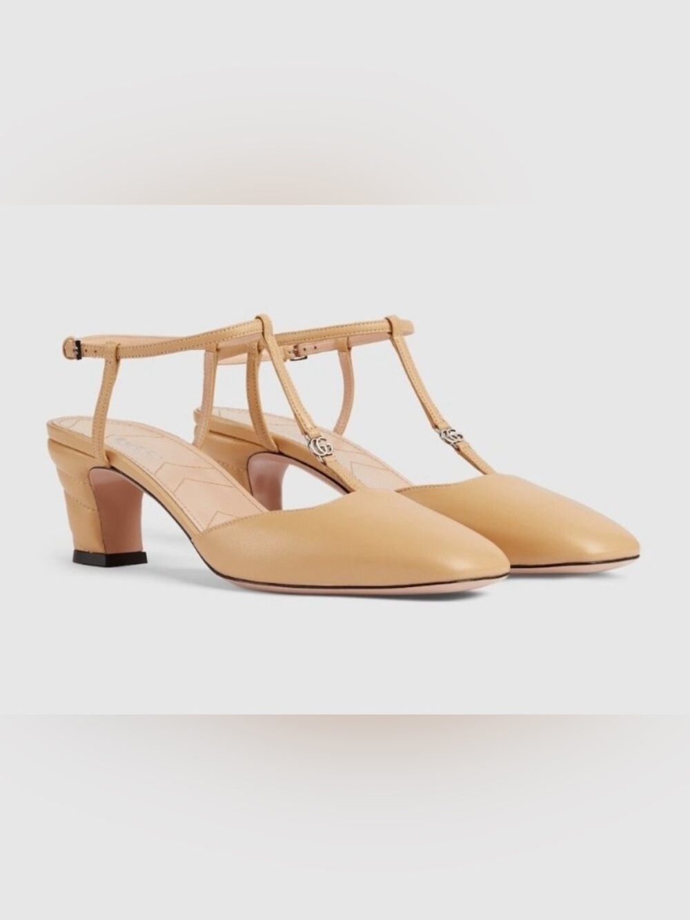 Gucci Tan Leather T‑Strap Mid Heel Pumps